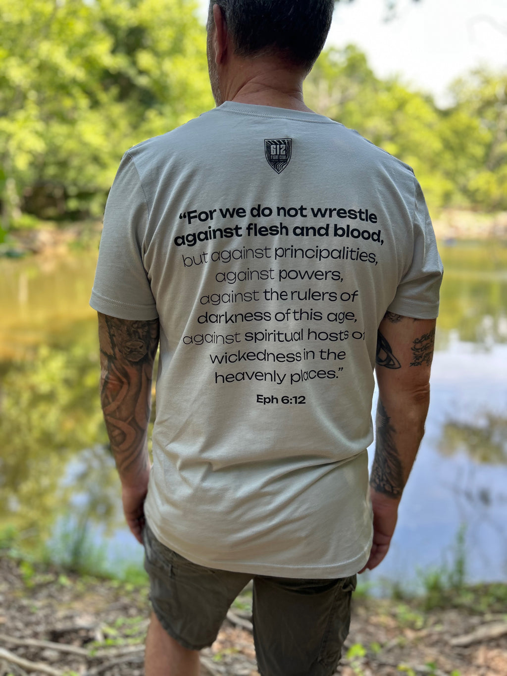 Ephesians 6:12 Cotton Tee - Solid Athletic Gray (Black Print)