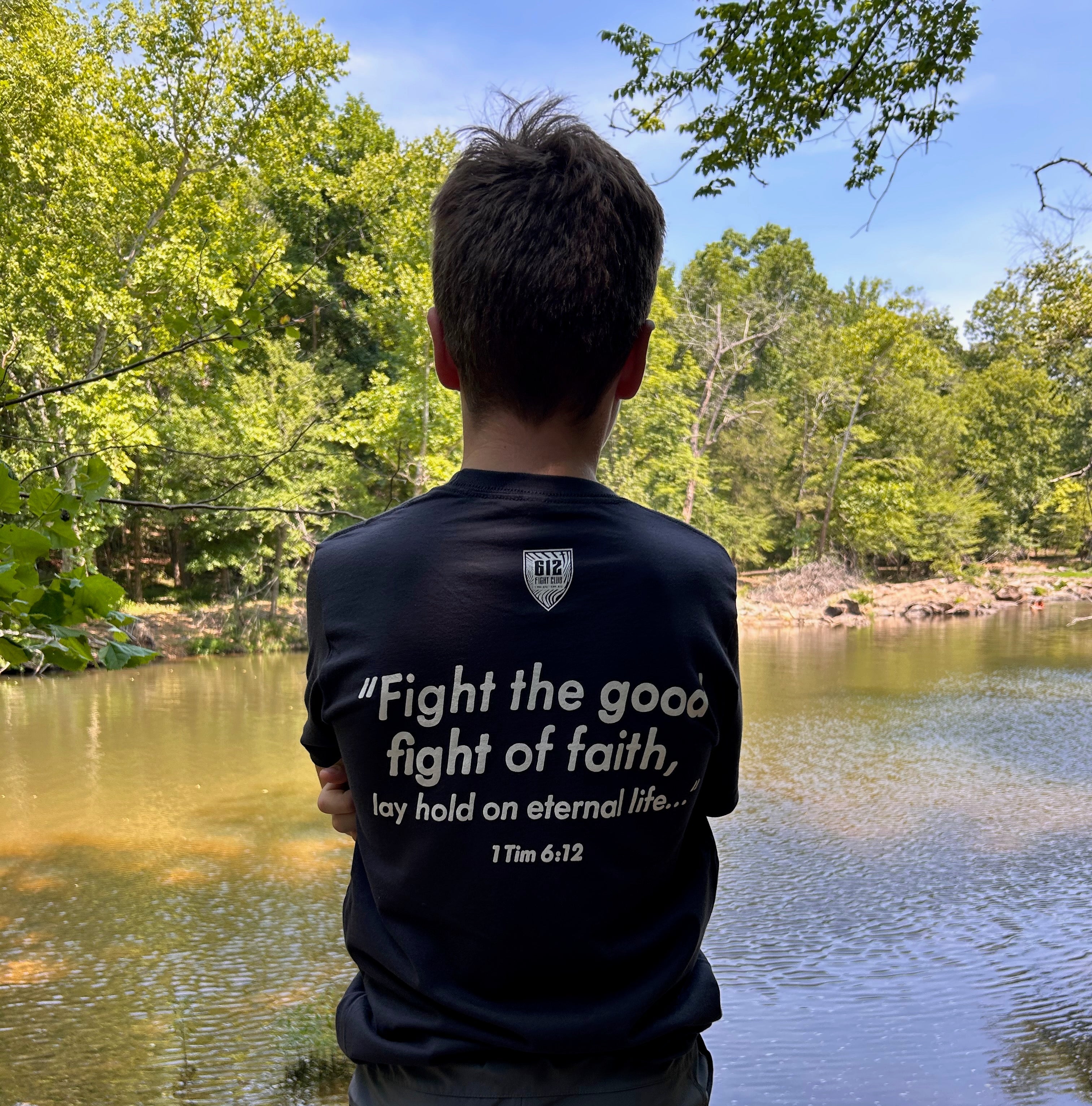 1 Timothy 6:12 Cotton Tee - Dark Gray (White Print)