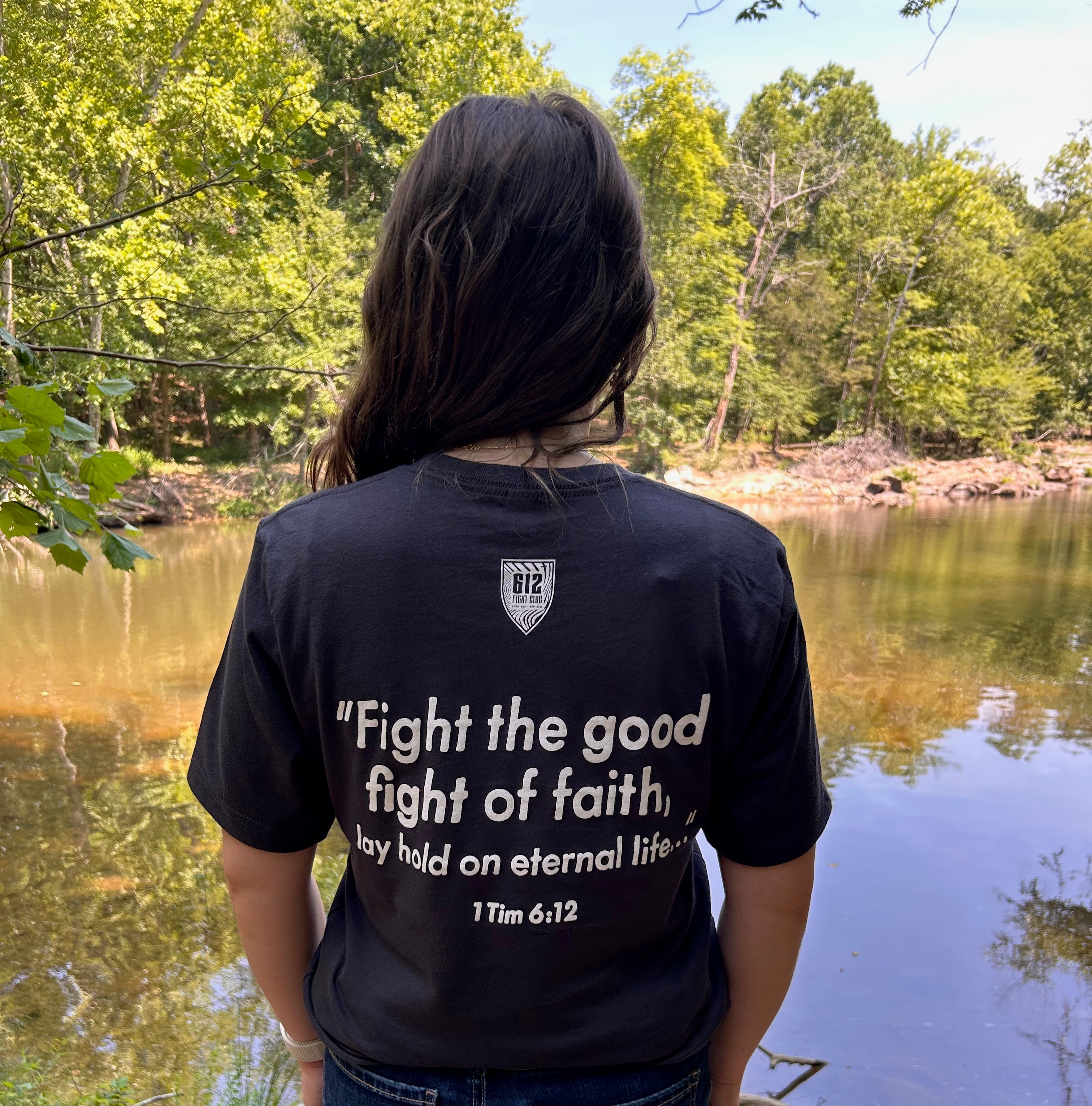 1 Timothy 6:12 Cotton Tee - Dark Gray (White Print)