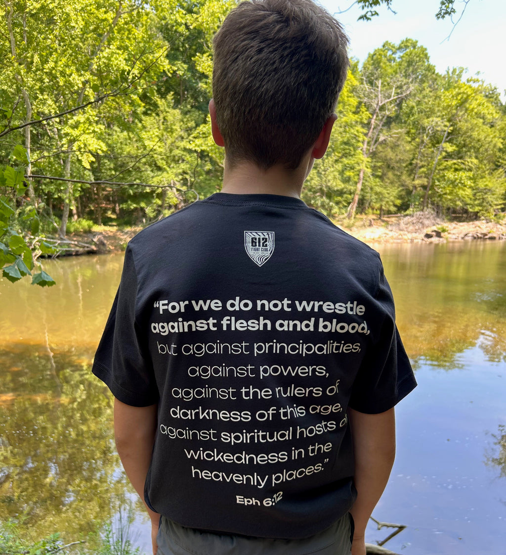 Ephesians 6:12 Cotton Tee - Dark Gray (White Print)