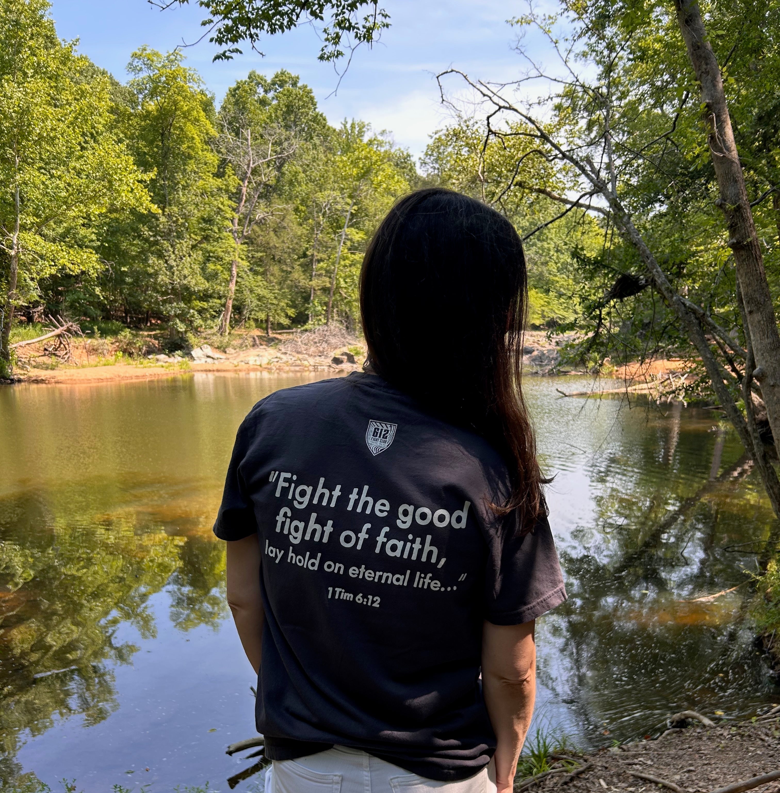 1 Timothy 6:12 Cotton Tee - Graphite (White Print)