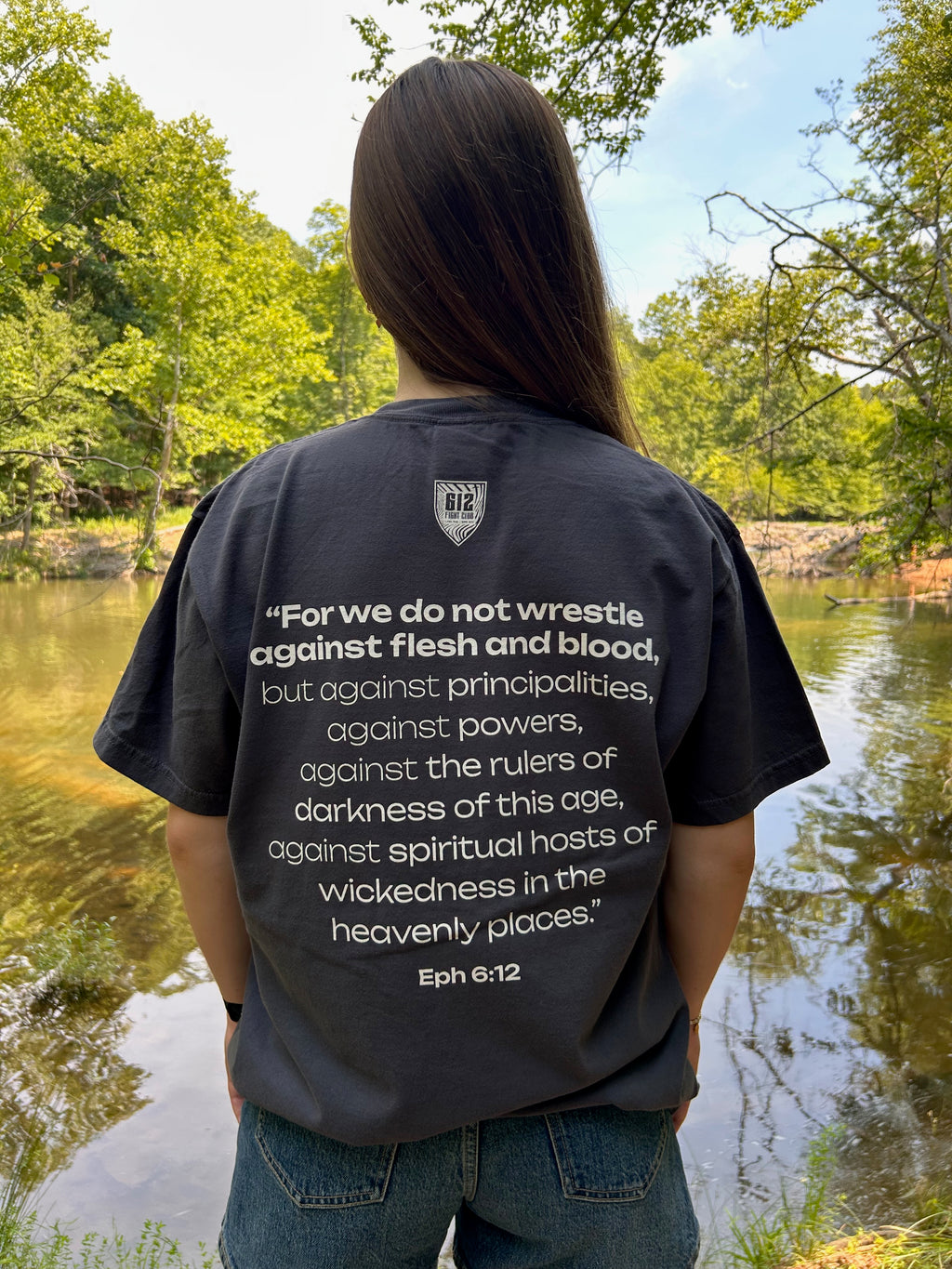 Ephesians 6:12 Cotton Tee - Graphite (White print)