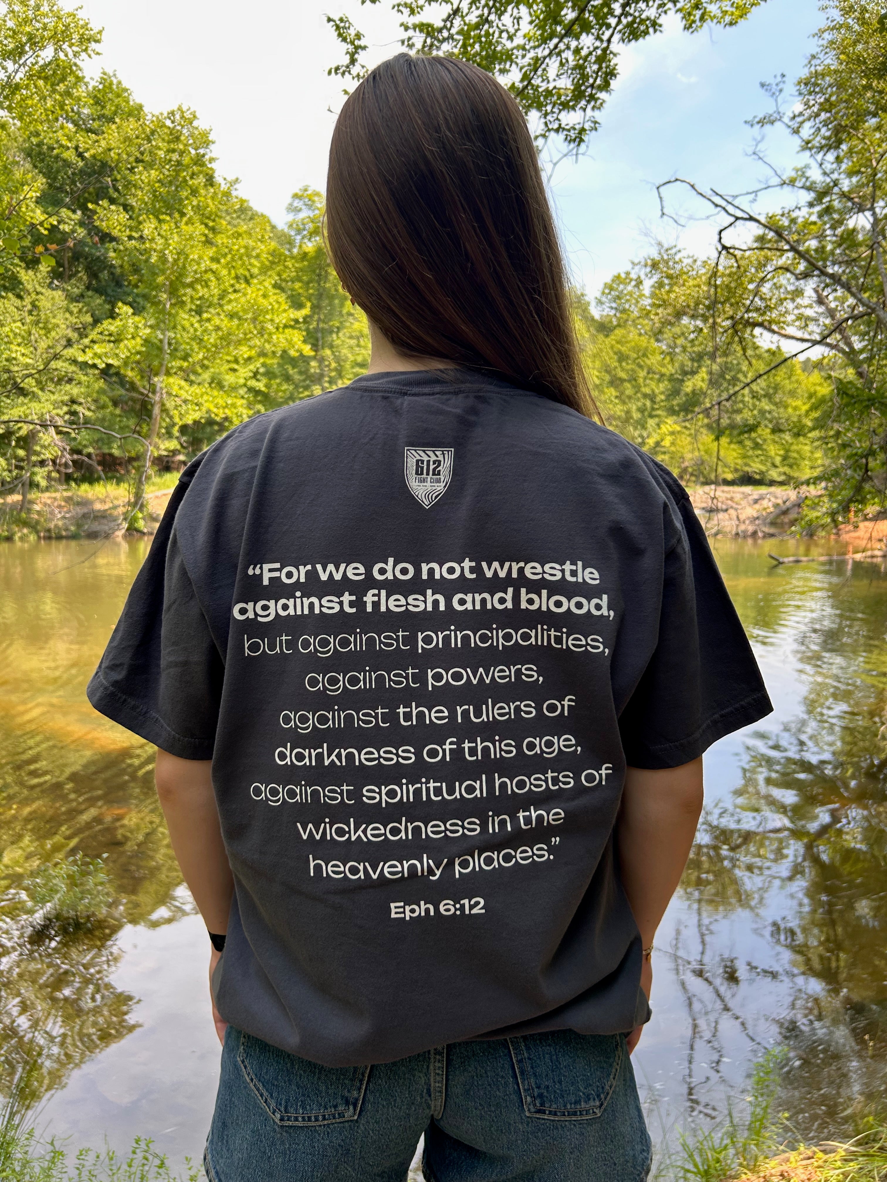 Ephesians 6:12 Cotton Tee - Graphite (White print)