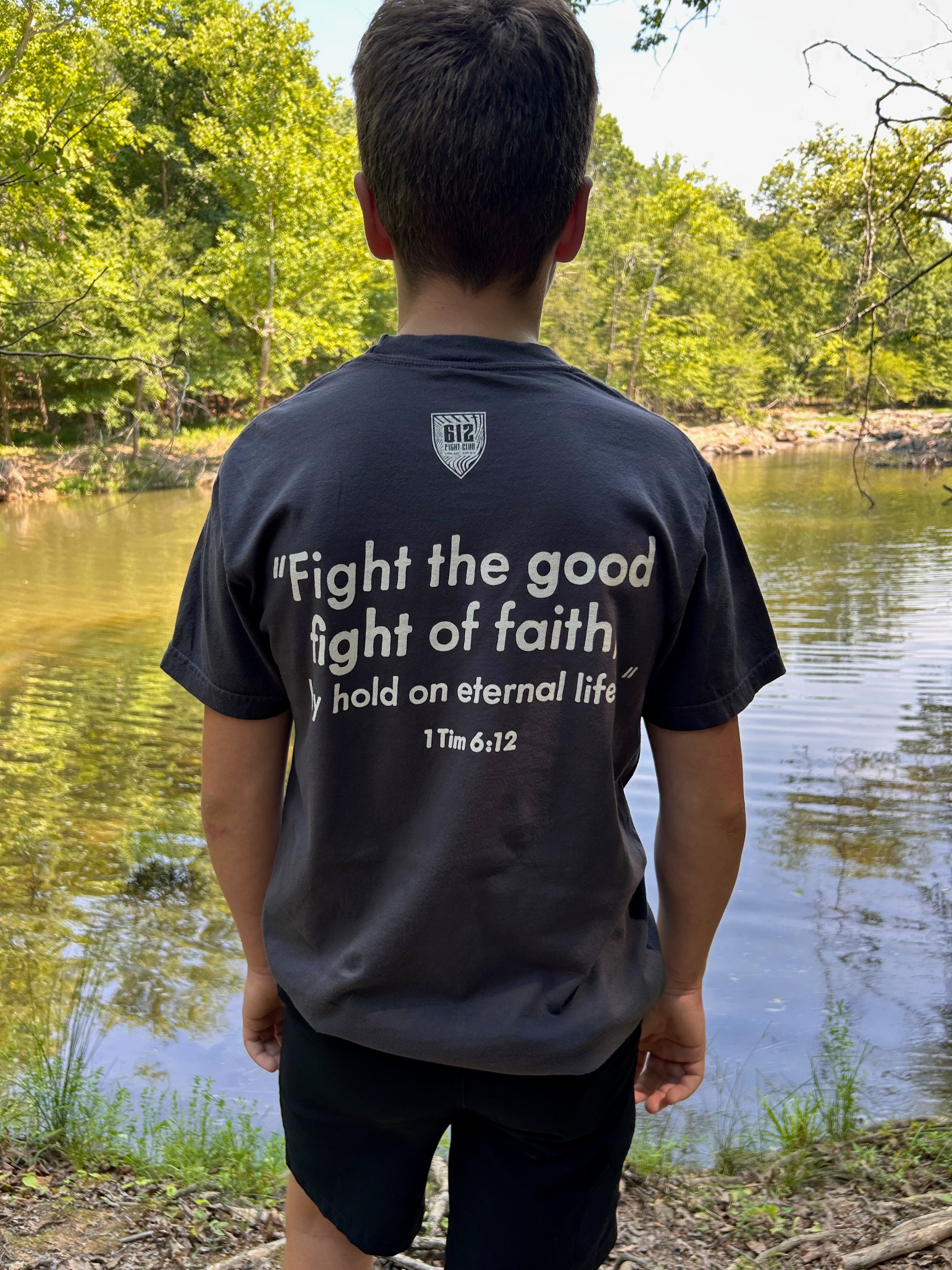 1 Timothy 6:12 Cotton Tee - Graphite (White Print)
