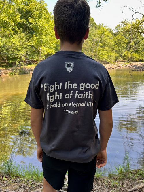 1 Timothy 6:12 Cotton Tee - Graphite (White Print)