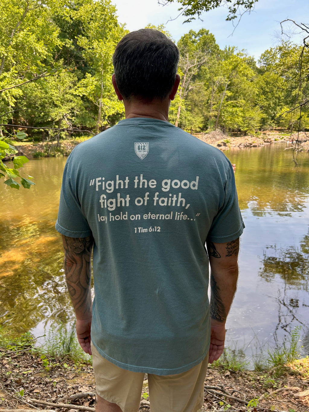 1 Timothy 6:12 Cotton Tee - Ice Blue (White Print)