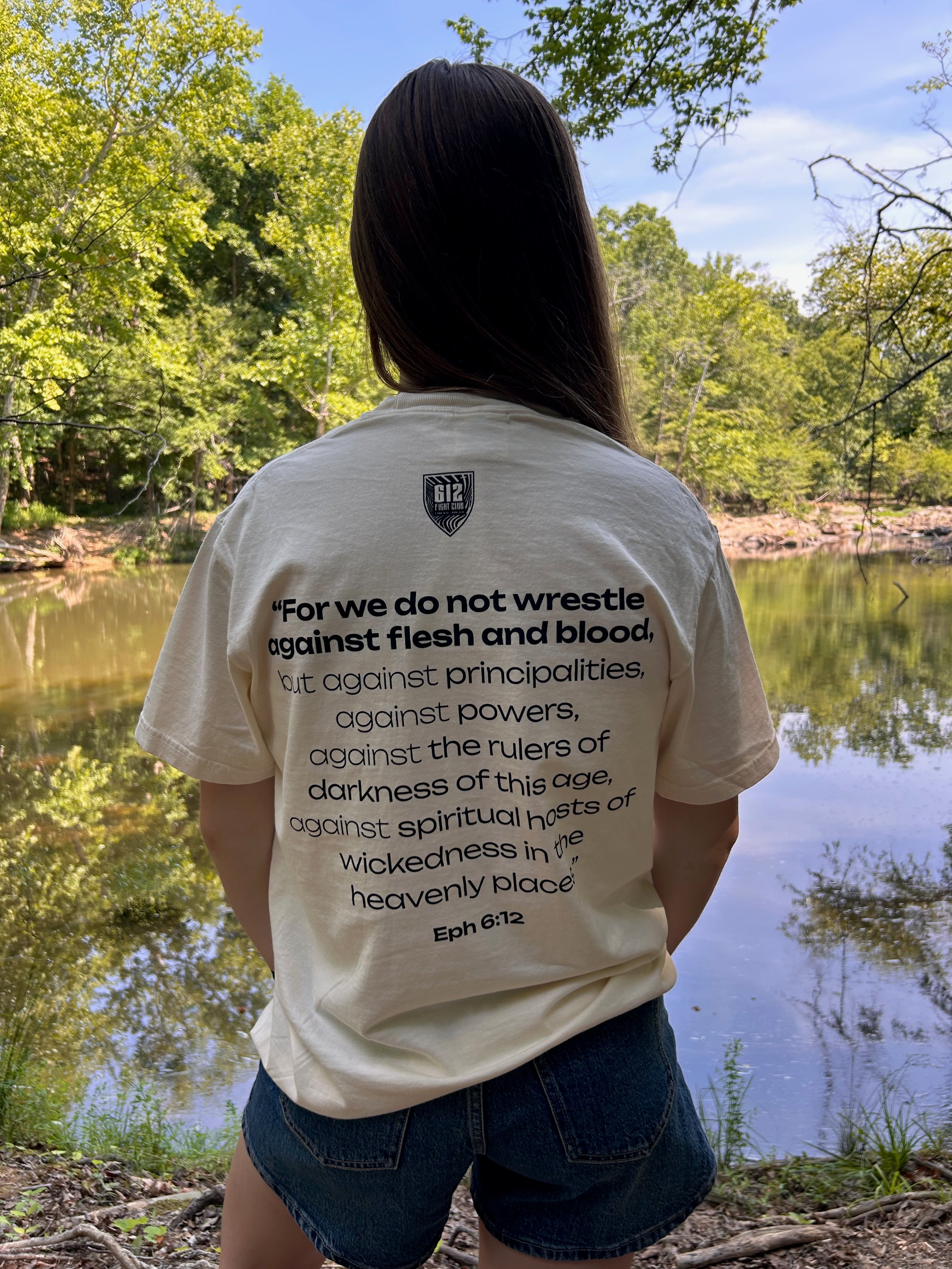 Ephesians 6:12 Cotton Tee - Ivory (Black print)