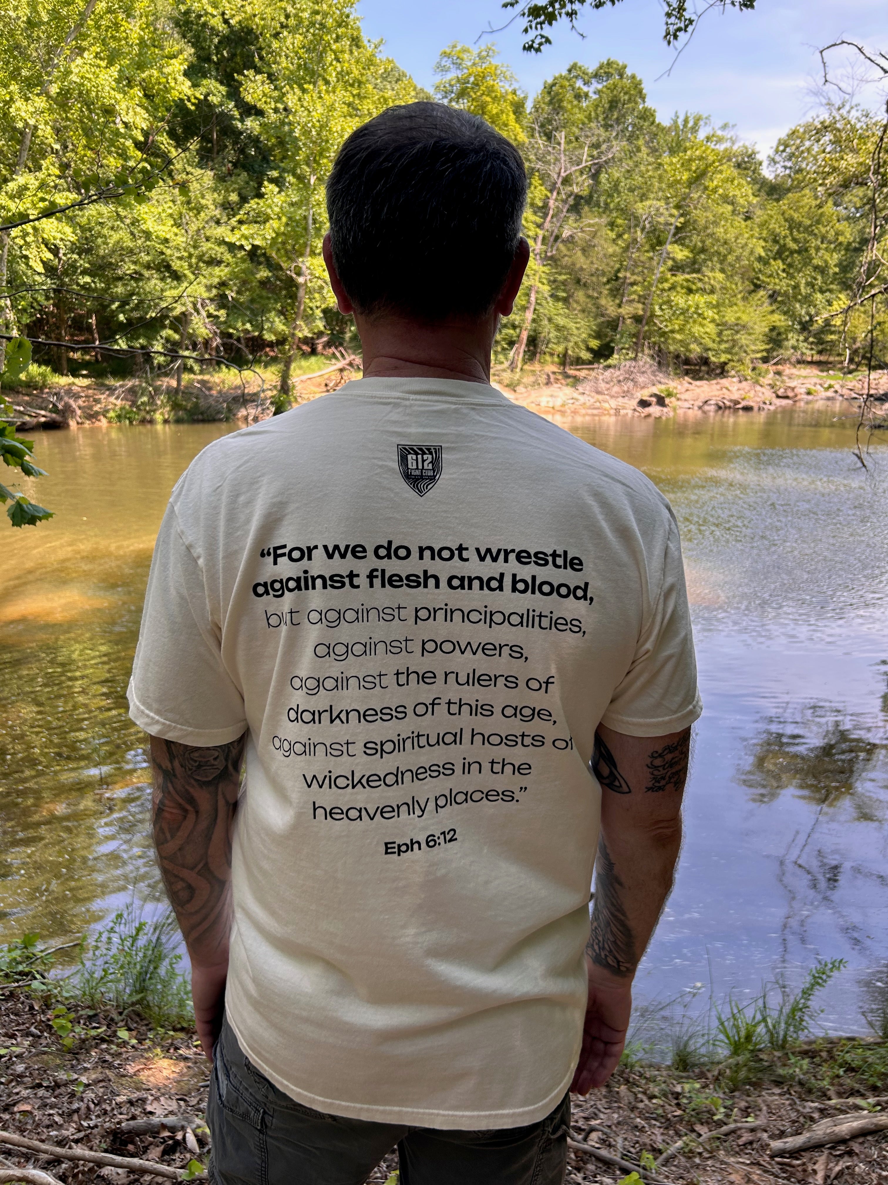 Ephesians 6:12 Cotton Tee - Ivory (Black print)