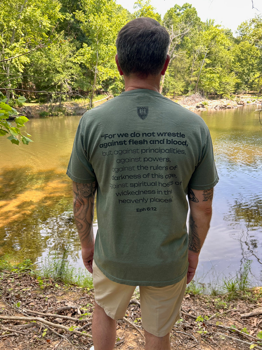 Ephesians 6:12 Cotton Tee -  Moss (Black Print)