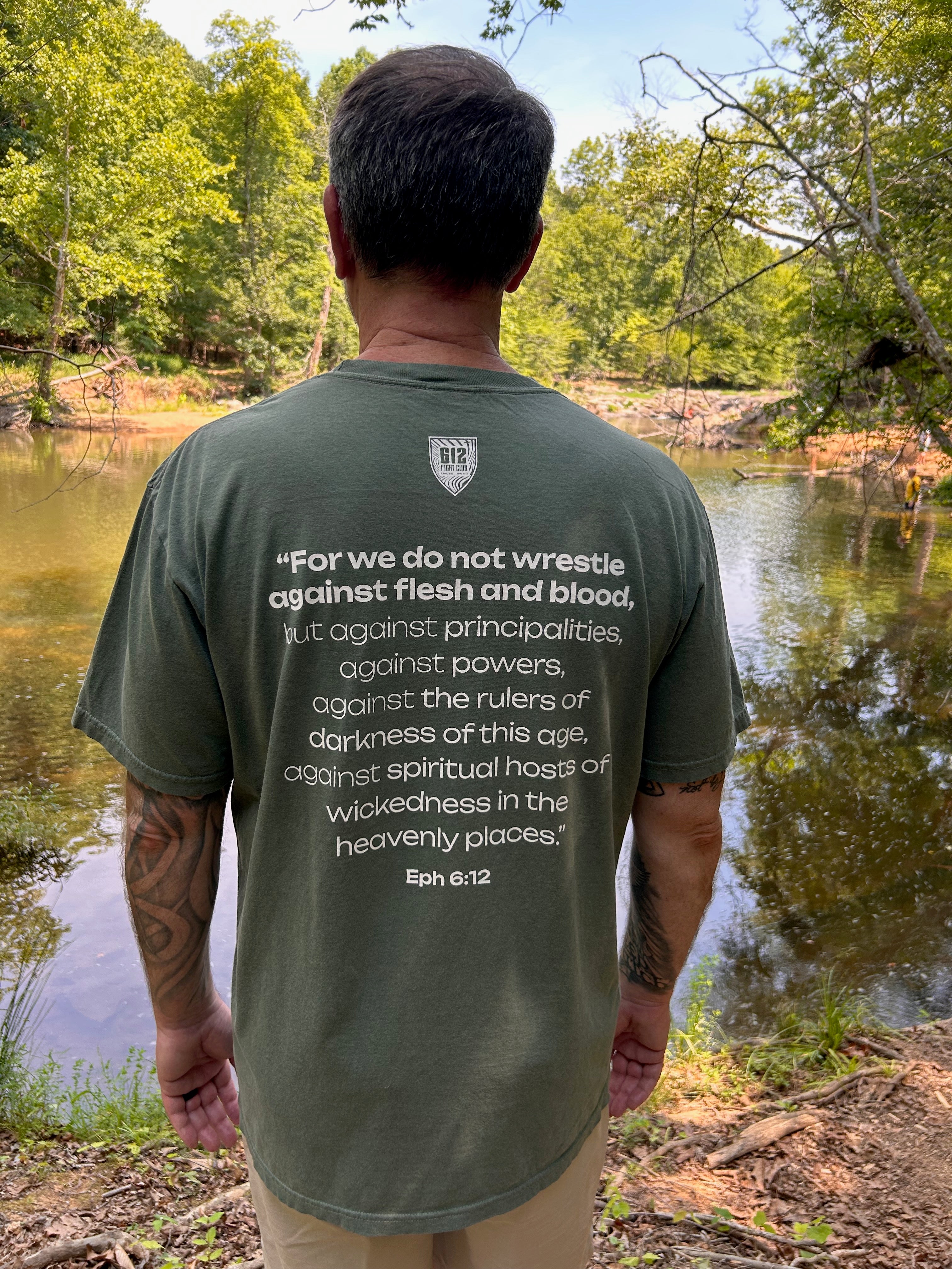 Ephesians 6:12 Classic Cotton Tee - Moss (White Print)