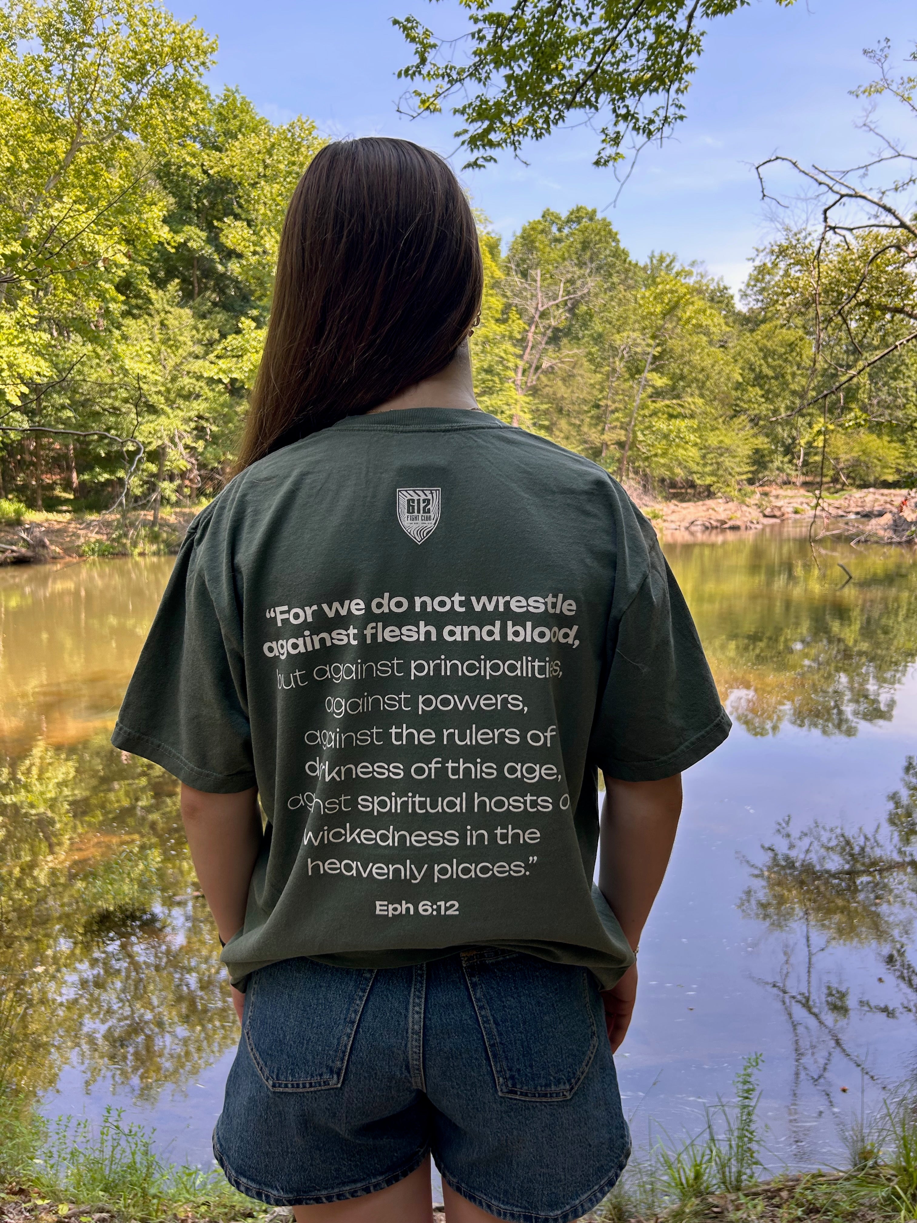 Ephesians 6:12 Classic Cotton Tee - Moss (White Print)